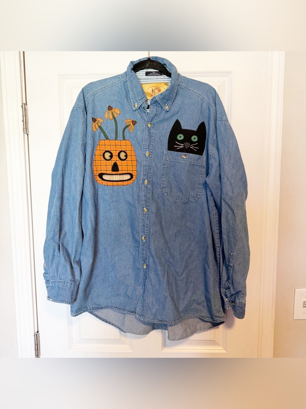 Vintage 90s Blanche St. Paris Ohio Halloween fall patchwork button down chambray